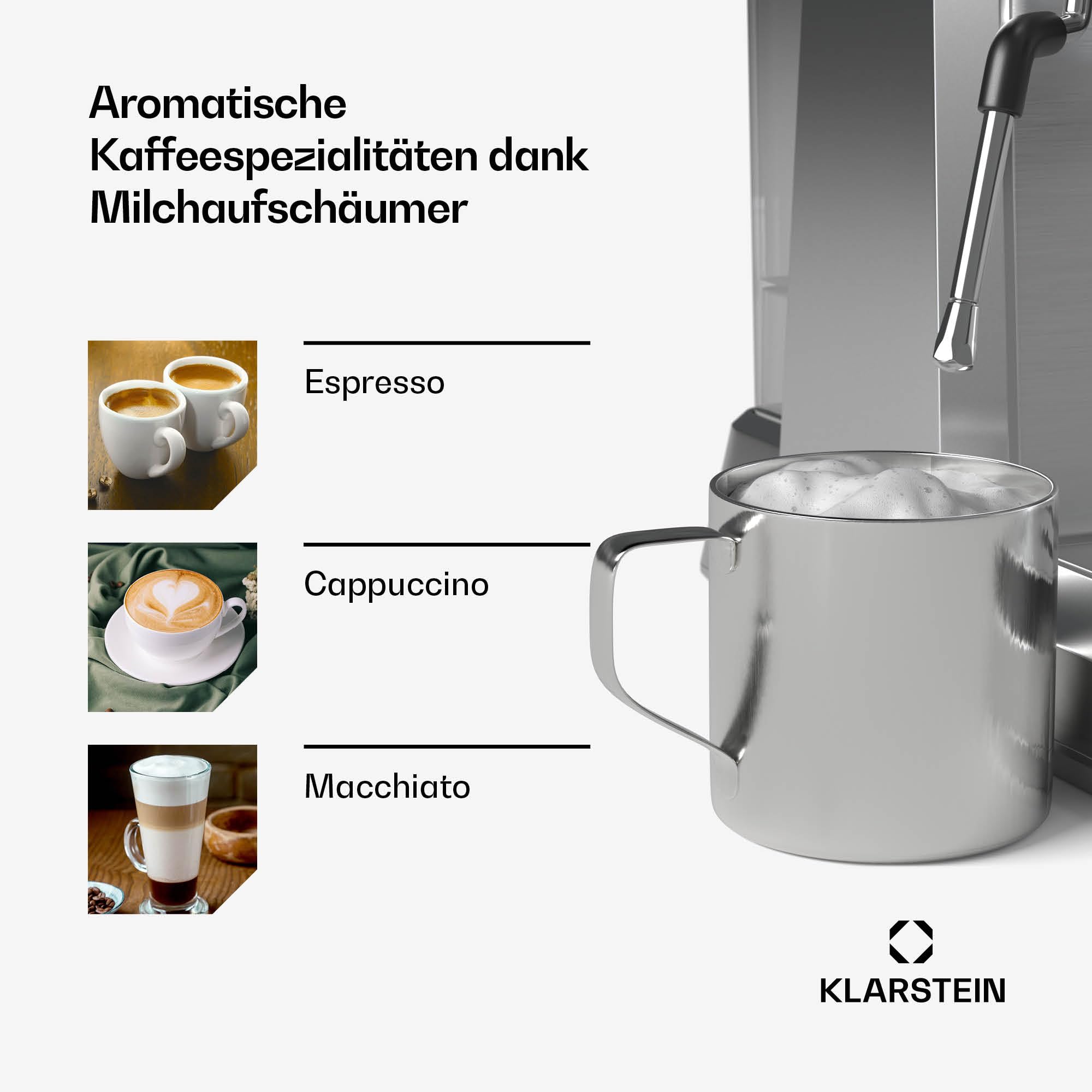 Klarstein GrandPresso Siebträgermaschine Mit Mahlwerk – 20 Bar, 1.350 W, Integriertes Präzisionsmahlwerk, Dampfdüse, 2,3-l-Wassertank, Tassenwärmer