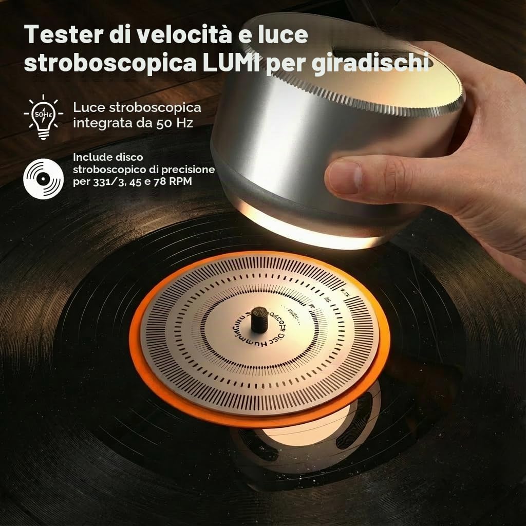 HumminGuru LUMI - Stabilizzatore di Peso e Tester di Velocità per Giradischi, 33/45/78 RPM, Disco Stroboscopico e Luce, 300 g, Morsetto in Alluminio LP per Peso, Lampada a 9 LED a Luce Ambientale