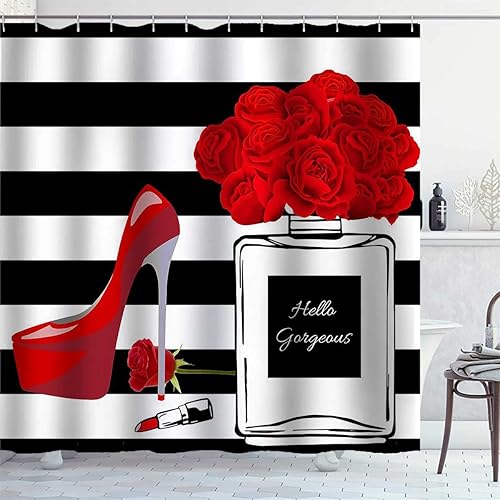 Miniatura 10 de Cortina de ducha de tacones altos morados, Hello Gorgeous Perfume a rayas blancas y negras, lápiz labial de mariposa rosa, maquillaje moderno de