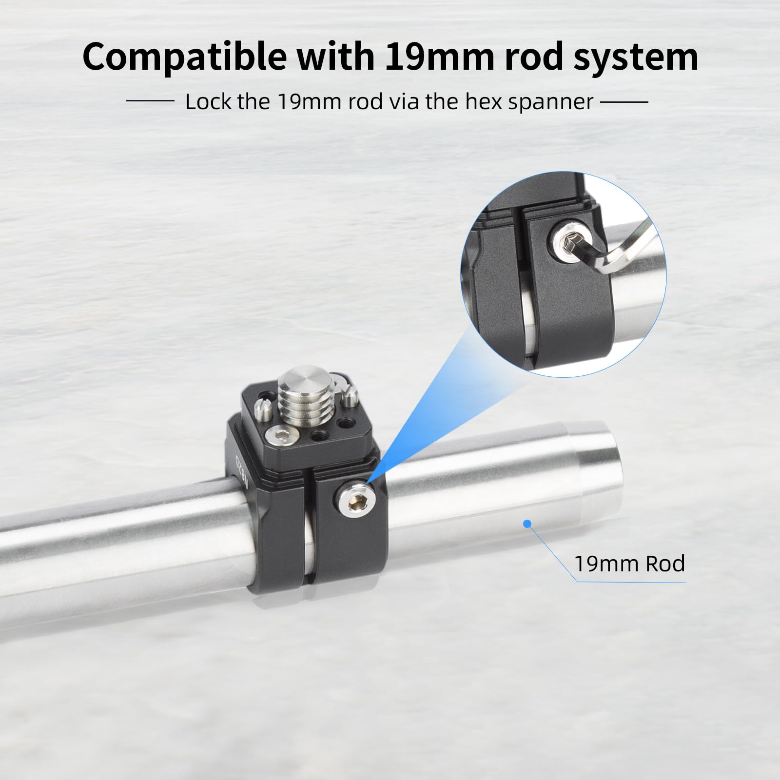 Nitze 19mm Rod Clamp Adapter, 19mm Rod Abrazadera de Aleación de Aluminio con Tornillo de 1/4" y Tornillo de 3/8", Intercambiable para Aparejos de Cámara, Jaula de Cámara – N82D