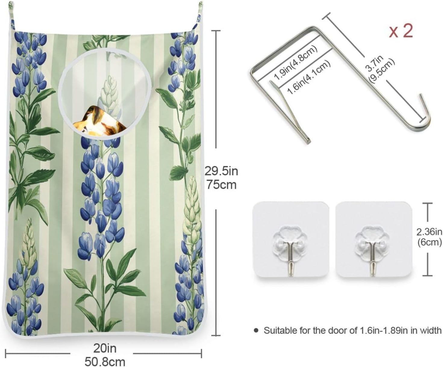 Bluebonnet Summer Sitripes Green Hanging Laundry Hamper Bag Over The Door Hampers Decorative Space Saving Family Dirty Clothes Organizer Basket for Shower Apartment Bedroom Camping Rv 2Pack