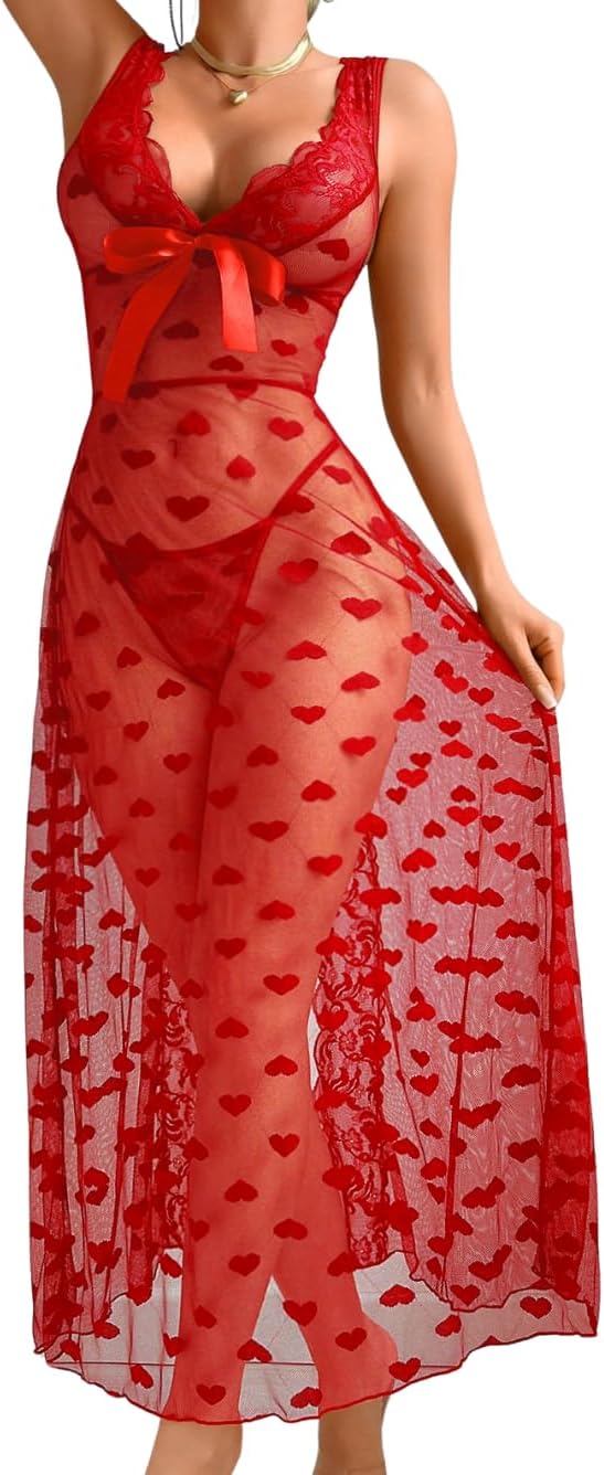 EHSUYAB Women Sexy Lingerie Dress With Slit, Heart Bow Floral Lace Valentines Gift, G String Sheer Mesh Long Nightgown Exotic