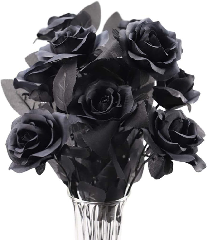 TUZAZO 10pcs Black Roses Artificial Flowers with Stems, Faux Silk Flowers Bridal Gothic Wedding Bouquet, Realistic Blossom Flora for Home, Office, Hotel Decorations