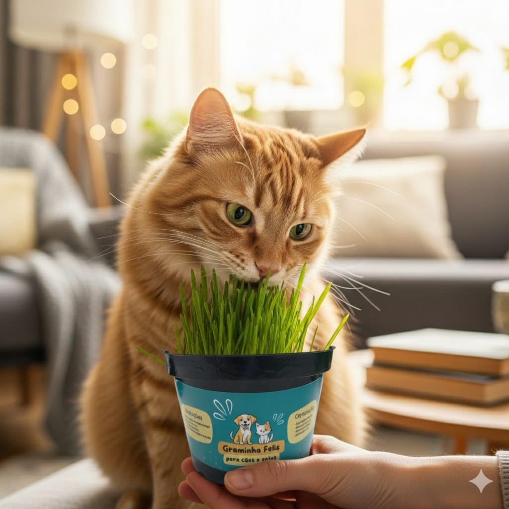 Graminha para Gatos e Cachorros – Saúde Intestinal e Redução de Bolas de Pelo | Kit Completo com Vaso e Sementes