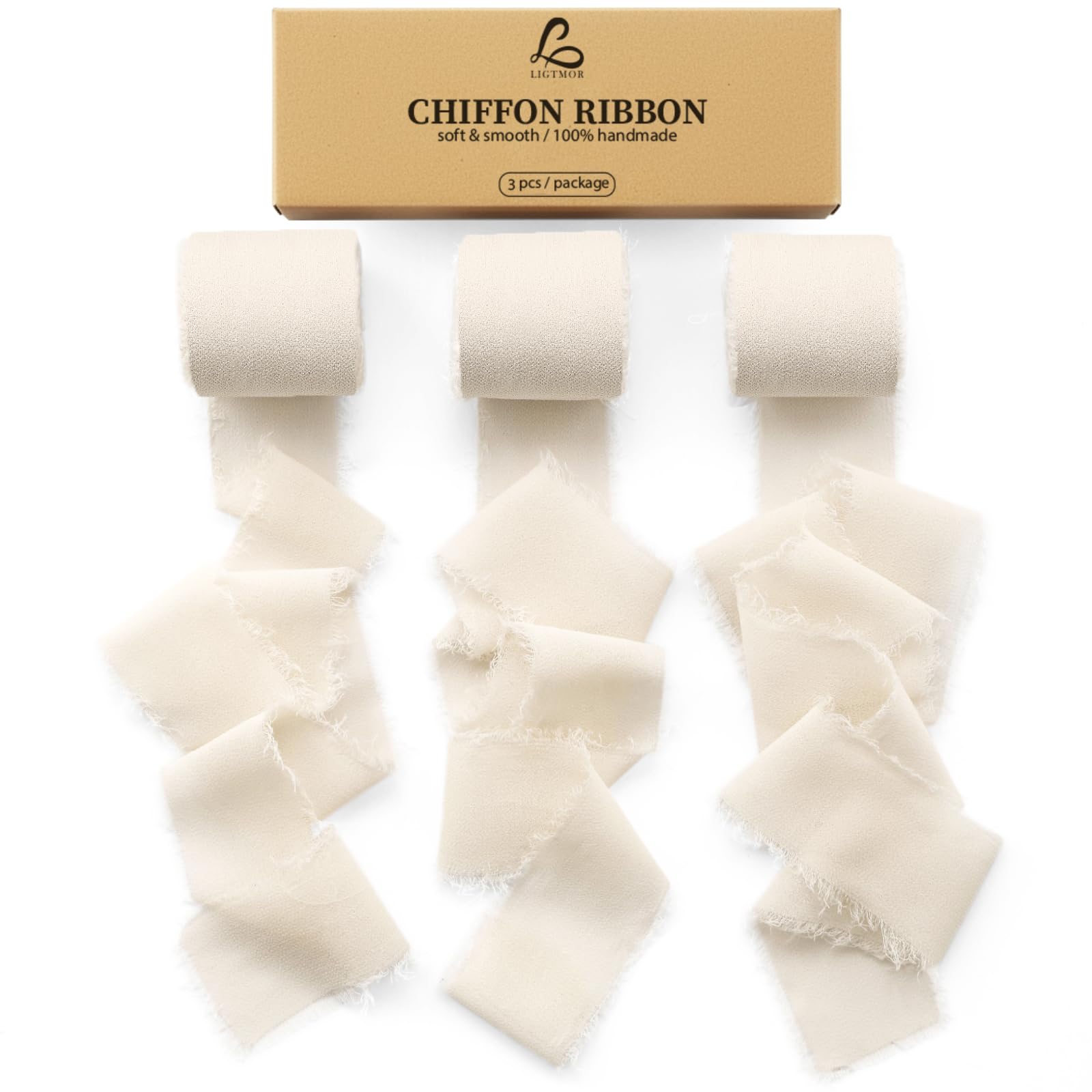 Ligtmor Chiffon Silk Ribbon 3 Rolls 1.5'' x 7 Yd Green & Cream, 1.5'' x 21 Yd Sage Green Ribbons Handmade Fringe for Wedding Invitations, Bridal Bouquets, Gift Wrapping, Holiday Decoration