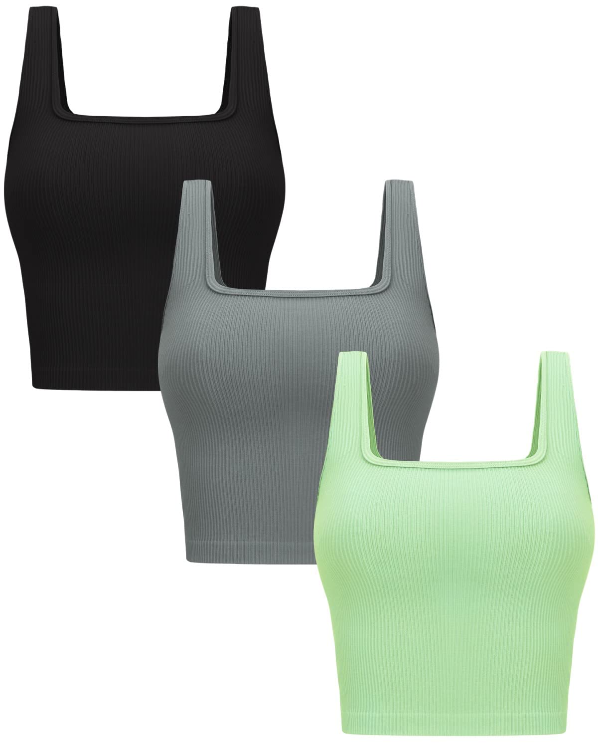 OLCHEE Womens 3 Pack Crop Tank Tops Basic Seamless Ribbed Sleeveless Square Neck Workout Top Summer Exercise Yoga Gym Shirts