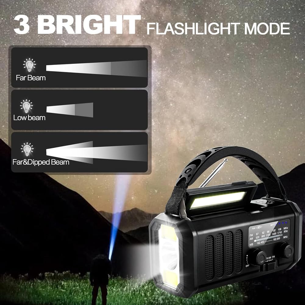 Radio Meteorológica de Emergencia FM/Am/, Radio Portátil con Manivela, Linterna, Energía Solar de 10000 MAh para Acampar Al Aire Libre