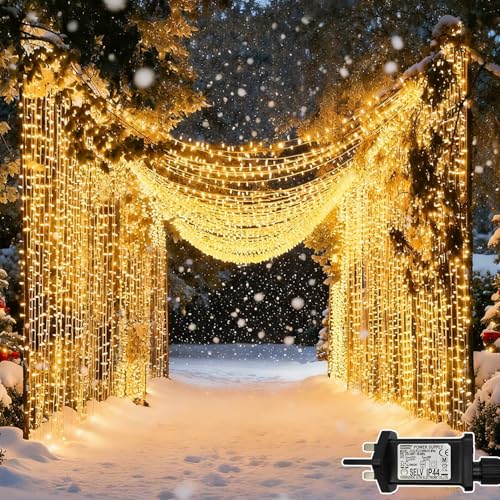 Dekofun 600 LED Curtain Fairy Lights 6m x 3m Hanging Gazebo Light Mains Powered With Timer, 8 Modes Waterproof Christmas Window Lights, Waterfall light for Wedding Wall Xmas Indoor Outdoor Decorations