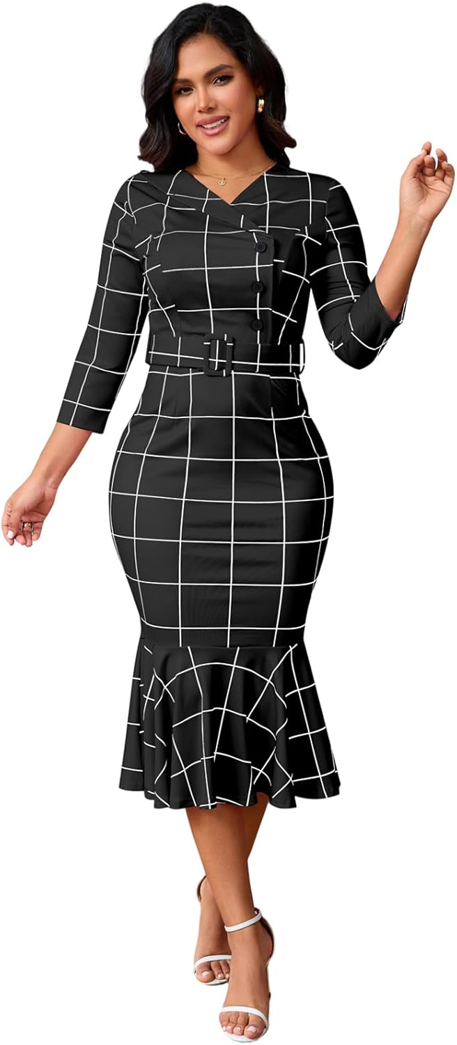 Women's Church Dress Formal Long Sleeve Vintage Ruffle Wrap Work Midi Pencil Dresses - Image 5