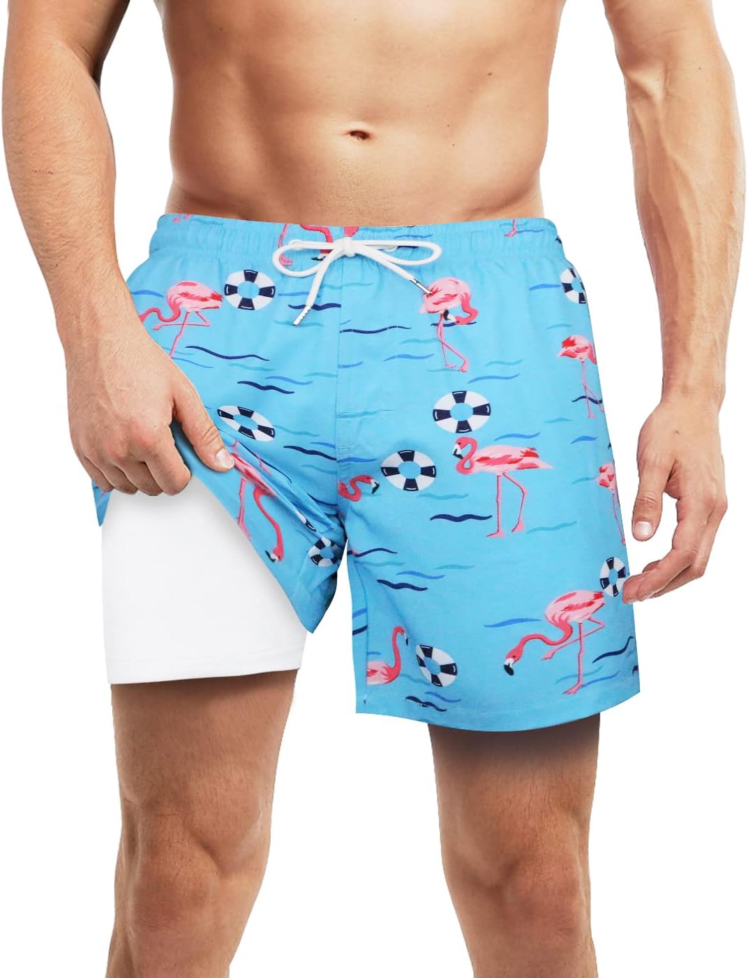 LUCOWEEMens Swim Trunks with Bult-in Boxer Briefs Compression Liner Anti Chafe Quick Dry UPF 50+ Swimming Shorts 5-6" Inseam Bathing Swimsuit