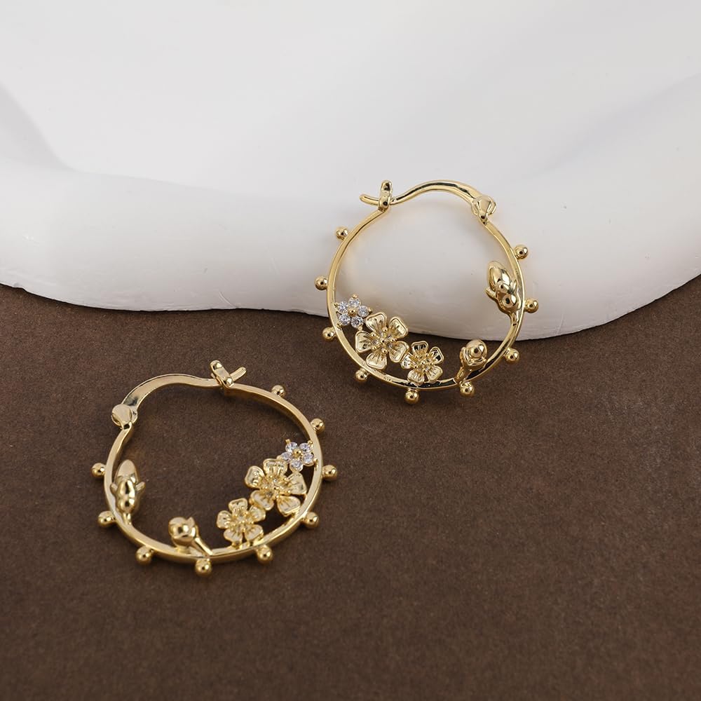 Gold Flower Hoop Earrings for Women 14K Gold Plated Flower Round Hoop Earrings Dangle Floral Statement Earrings Blossom Hoop Earrings Trendy Spring Summer Beach Party Fashion Jewelry Gift for Women - Image 6