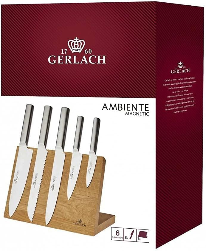 Gerlach AMBIENTE Magnetic Solid Oak Wood Board Holder Stand 6pcs Kitchen Knives Set - Premium Quality