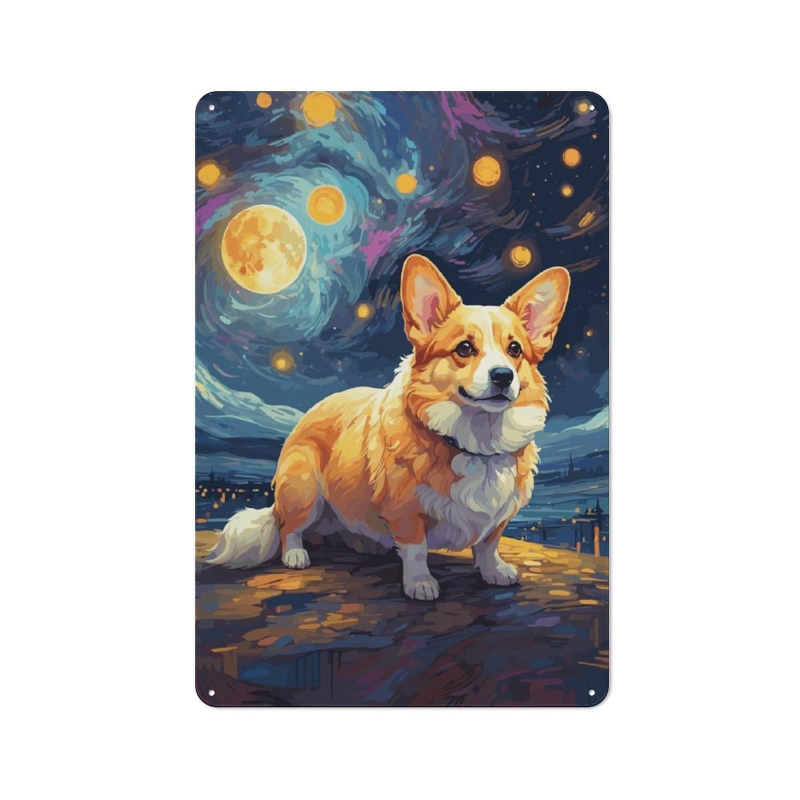 Junmoney Corgi Starry Night Vintage Metal Wall Art Sign 30X20cm Featuring Old Style Wall Plaque For Kitchen, Hallway, Bar Or Small Cafe