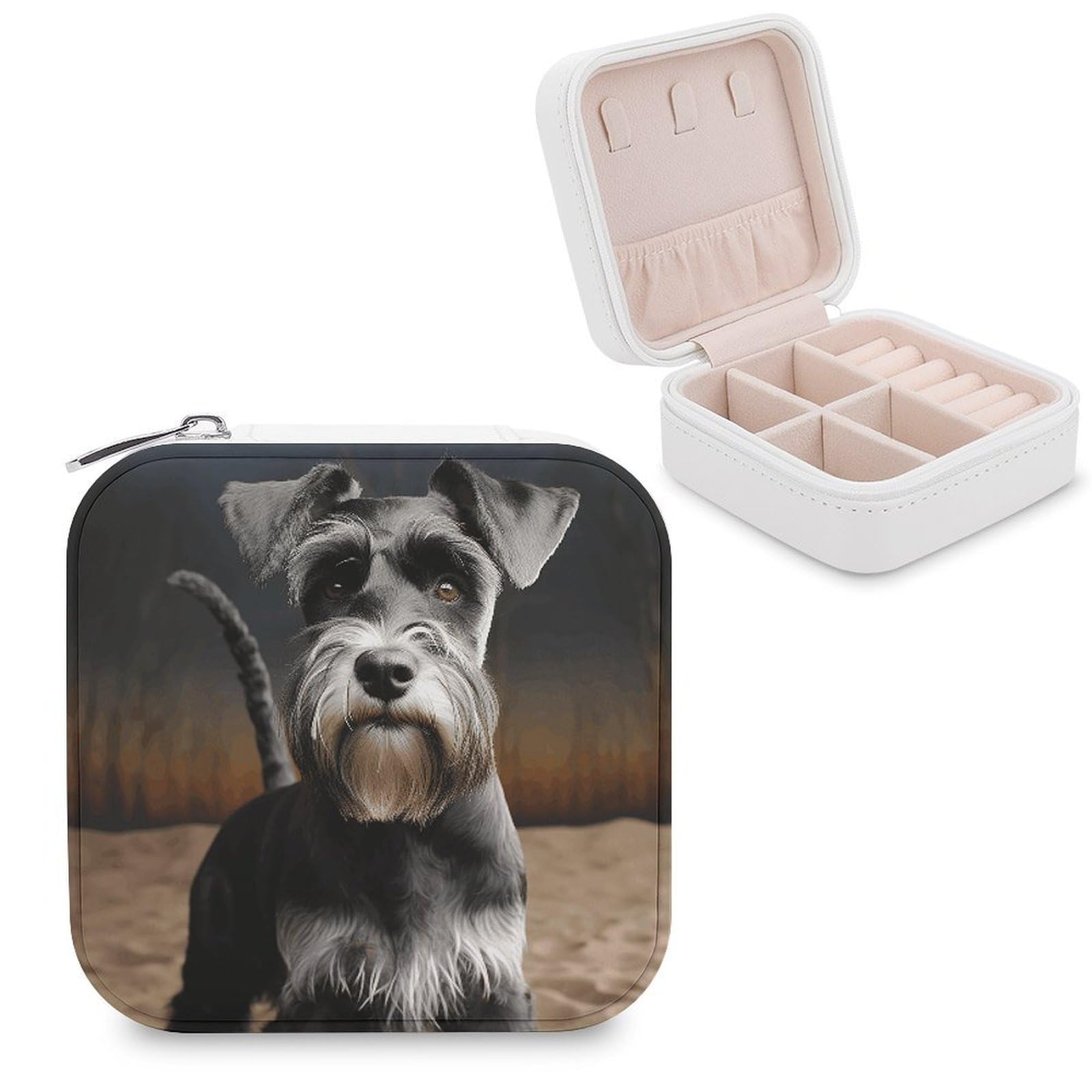 VstaDank Animal Schnauzer Dog Travel Jewelry Case Zipper Portable Small Jewelry Box Custom Pu Leather Mini Traveling Jewelry Organizer for Rings Earrings Necklace Bracelet Girls Women