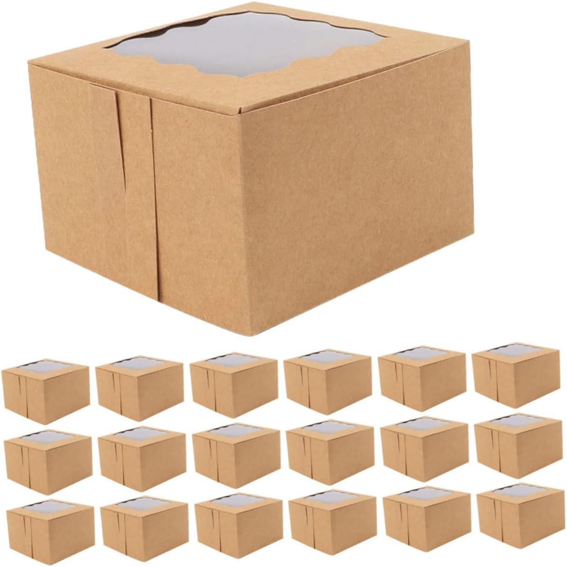 Cabilock 50pcs Kraft Paper Cake Boxes with Window Portable Cupcake Carrier Cookies Donuts and Desserts Sturdy and Packaging for Parties and Events