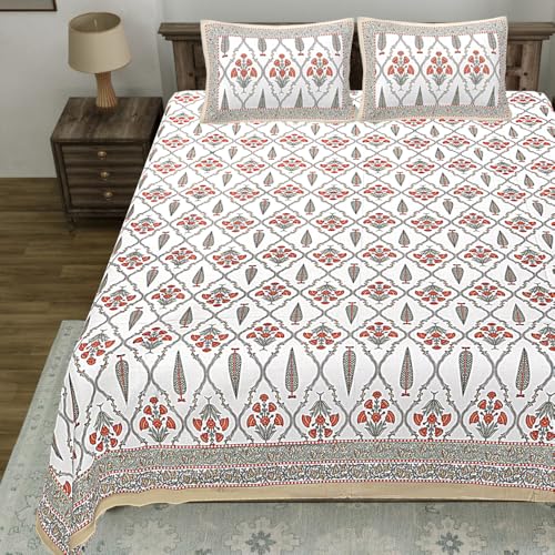 Image of Living Roots Jaipuri Hand Block Print Double Cotton Bedsheet & 2 Pillow Covers, for Mattress Upto 8 inches Thick, No Colour Bleeding, Red Colour, Super King Size 96 * 104 inches, 150TC (572-C)