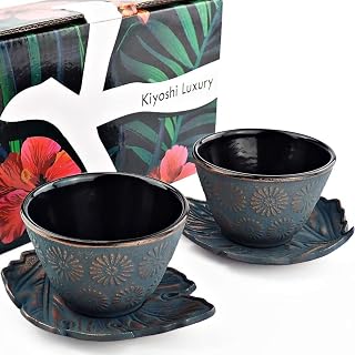Blue Cast Iron Tea Cup Set of 2 with Leaf Saucers