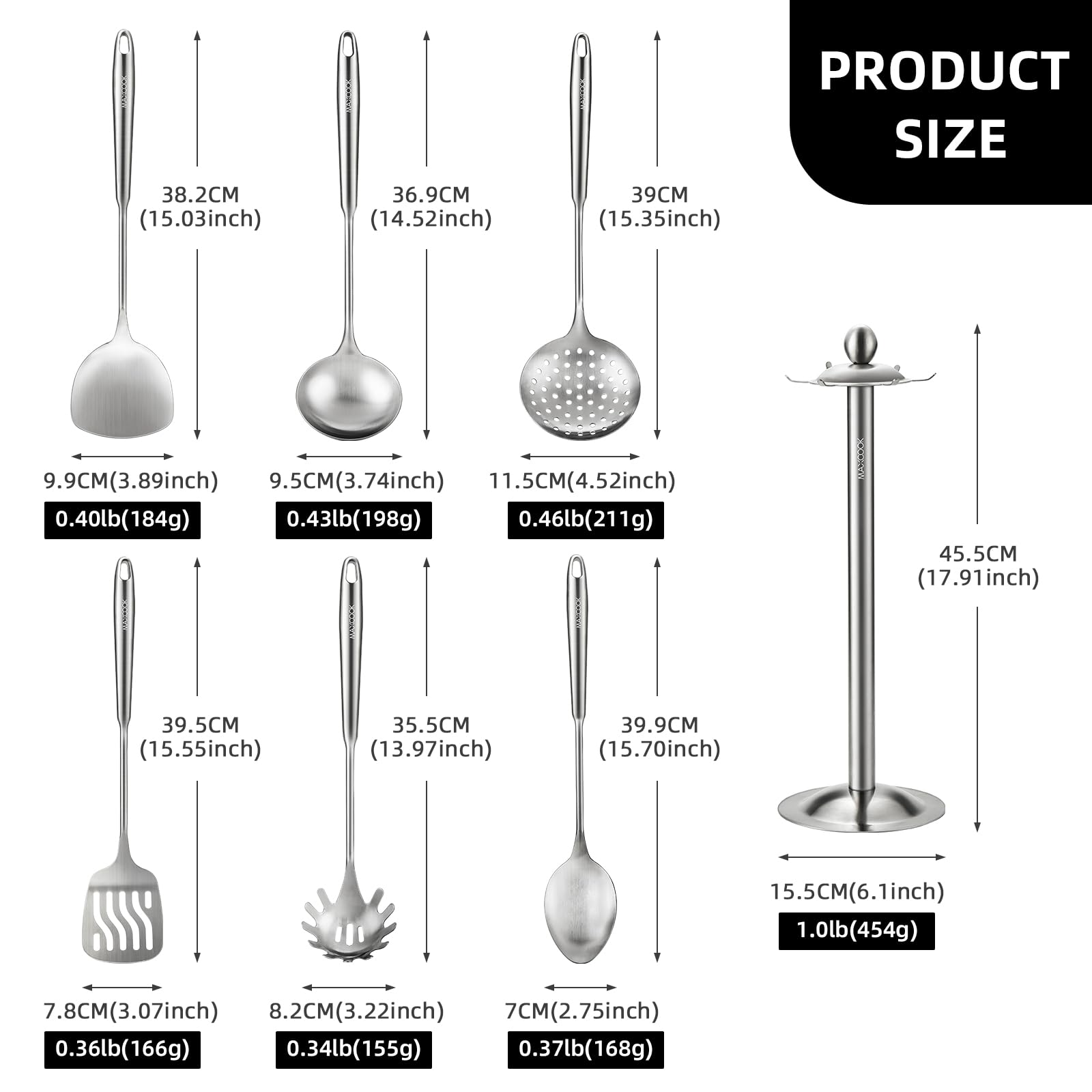 Edelstahl-Kochutensilien-Set, 18/8 Edelstahl, Küchenutensilien-Set, 7-teiliges Kochgeschirr-Set mit drehbarem Halter, hitzebeständiger Edelstahl-Kochlöffel (spülmaschinenfest)