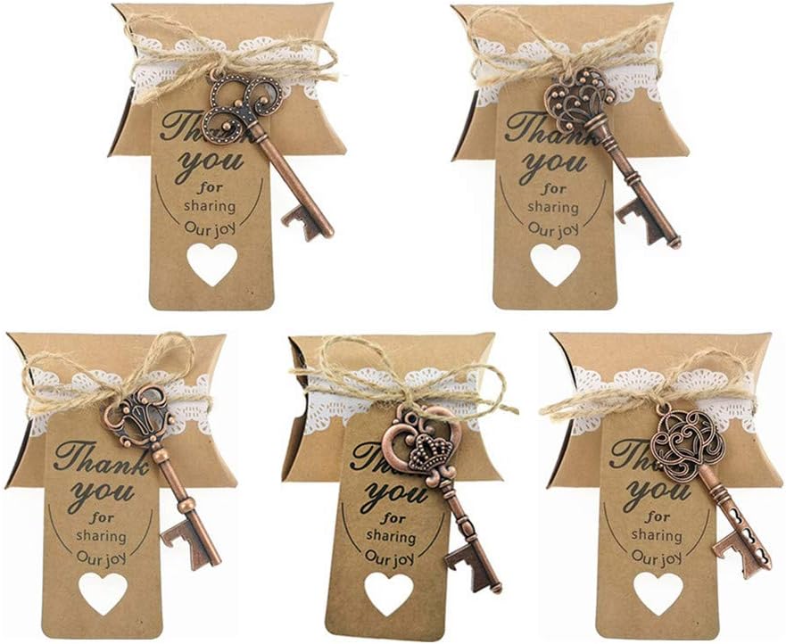 Wedding Party Favor Set,Skeleton Key Bottle Openers Candy Boxes Escort Tags and Jute Rope Souvenir Gift Set(Red Copper Tone,50 sets with 5 Styles)