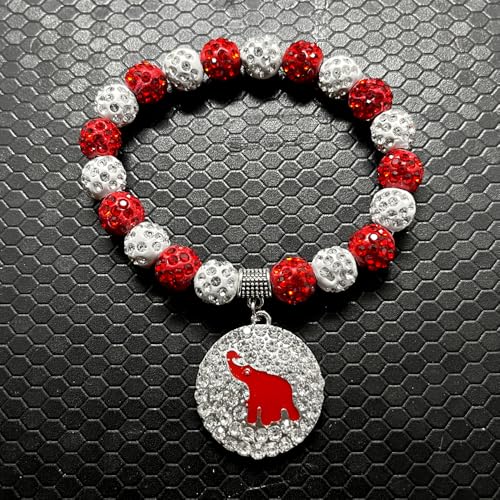 Image of Sisterhood Jewelry DELTA Sorority Society Round Rhinestone Elephant Pendant Red White Bead Bracelet