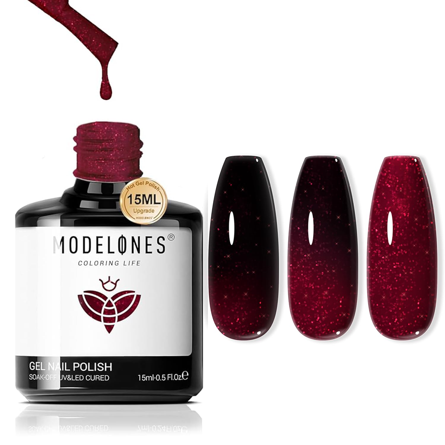 modelones Color Changing Gel Nail Polish Burgundy Red, Mood Temperature Change Halloween Nail Polish Gel Soak Off Nail Art DIY Salon Manicure Holiday Gift15 ML