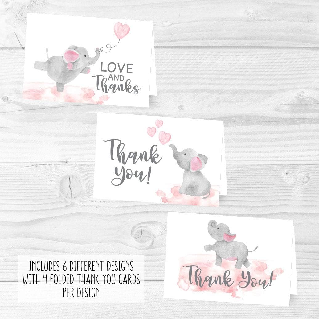 Hadley Designs Baby Shower Thank You Cards with Envelopes - 24 Baby Girl Thank You Cards for Gift, Girl Thankyou Notes Babyshower Sprinkle, Cute Pink Elephant Shower Thanks Card - Image 5