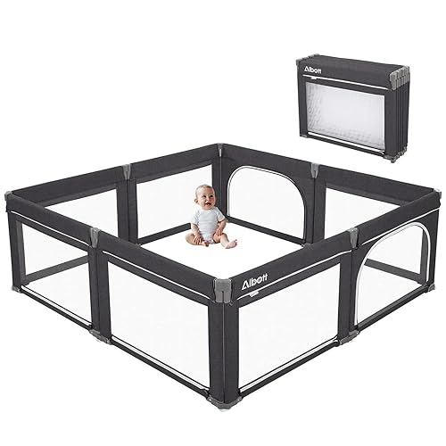 Albott Corralito plegable para bebés y niños pequeños de 74 x 74 pulgadas, patios de juegos para bebés, valla portátil para bebés (grande, gris
