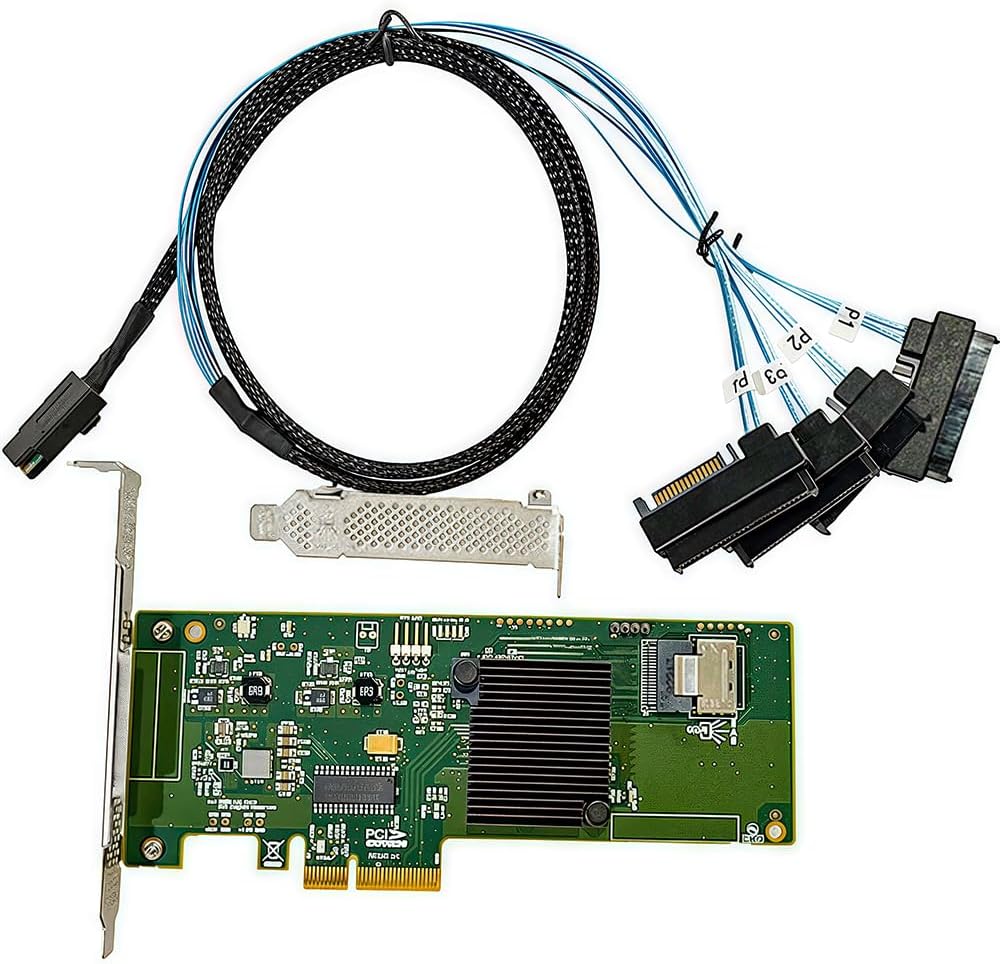 SAS HBA Card Compatible with LSI 9211-4i IT Mode PCIe SATA Expansion Card, Expander Support, 4-Port 6Gb/s, PCIe 2.0,with 1x SFF-8087 to 4X 8482 SAS Cable for NAS TrueNAS unRAID