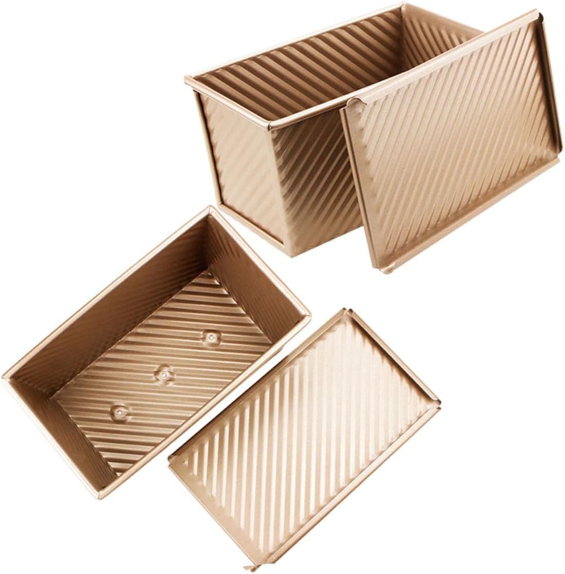 FUOYLOO 2pcs 450 Gram Nonstick Loaf Pan with Lid, Gold Sliding Cover Bread Baking Mold for Oven, Household Toast Baking Pan for Homemade Bread