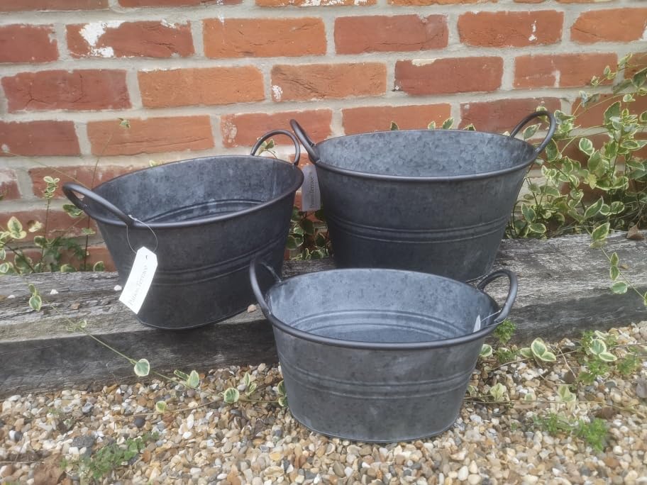 3X Vintage Style Grey Zinc Galvanised Metal Garden Flower Planter Tub Pot Bucket