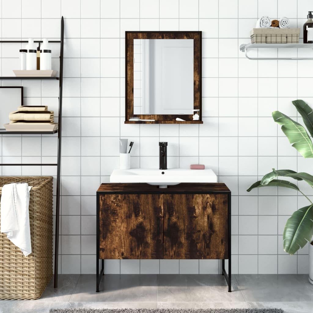 Stilvolles Badmöbel-Set mit Aufbewahrung, Badmöbel-Set aus Stahl und Holzwerkstoff, mit Stauraum und Spiegel, Praktisches mit Spiegel, 2-TLG. in Räuchereiche Küche, Haushalt & Wohnen