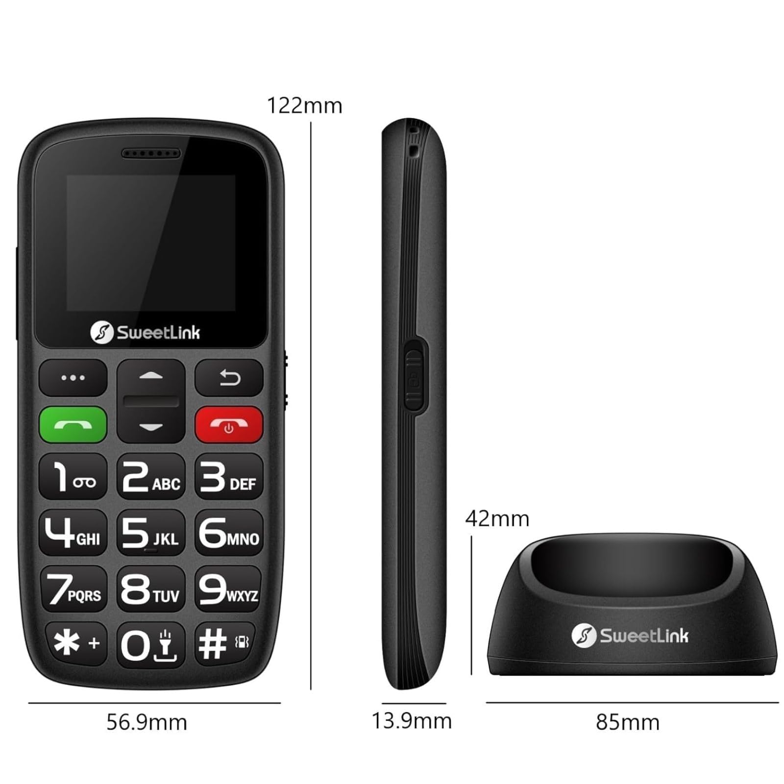 SweetLink 4G Telefono Cellulare per Anziani con Tasti Grandi, Senior Telefoni per Persone Anziane, Base di Ricarica, Funzione SOS, Chiamata Rapida, Volume Alto, Dual Nano SIM, Nero