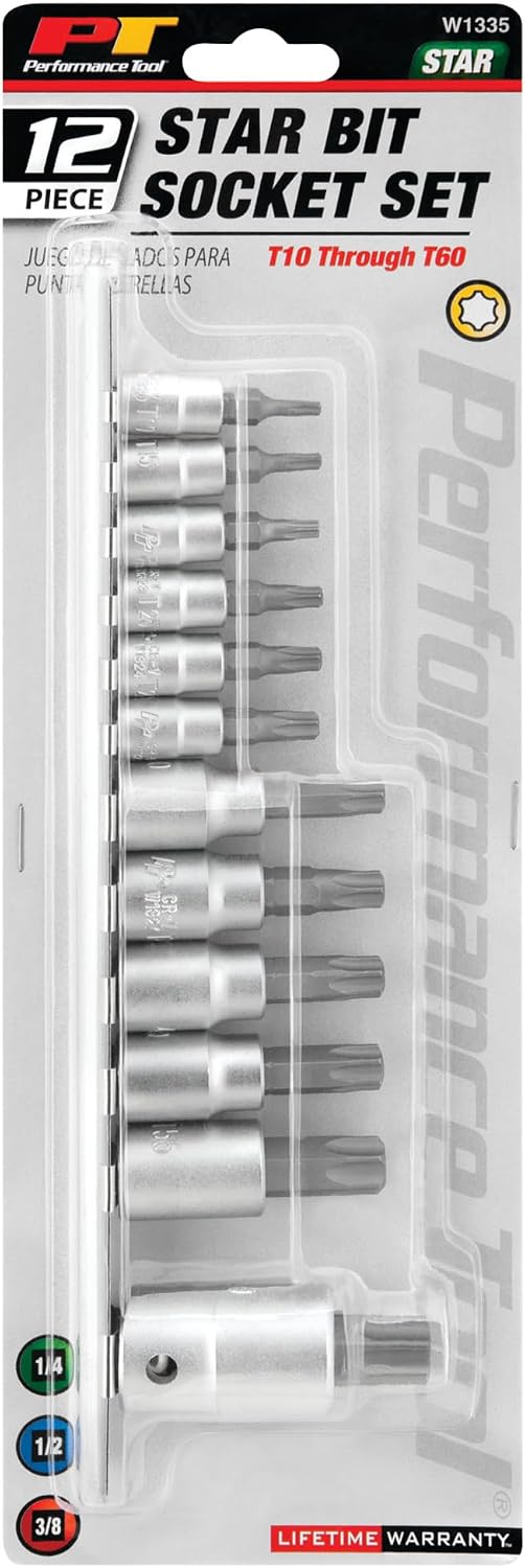 Performance Tool W1335 12-Piece Star Bit Socket Set | Hardened alloy steel. 1/4, 3/8 and 1/2-inch drive sizes from T10 to T60. Storage rail included