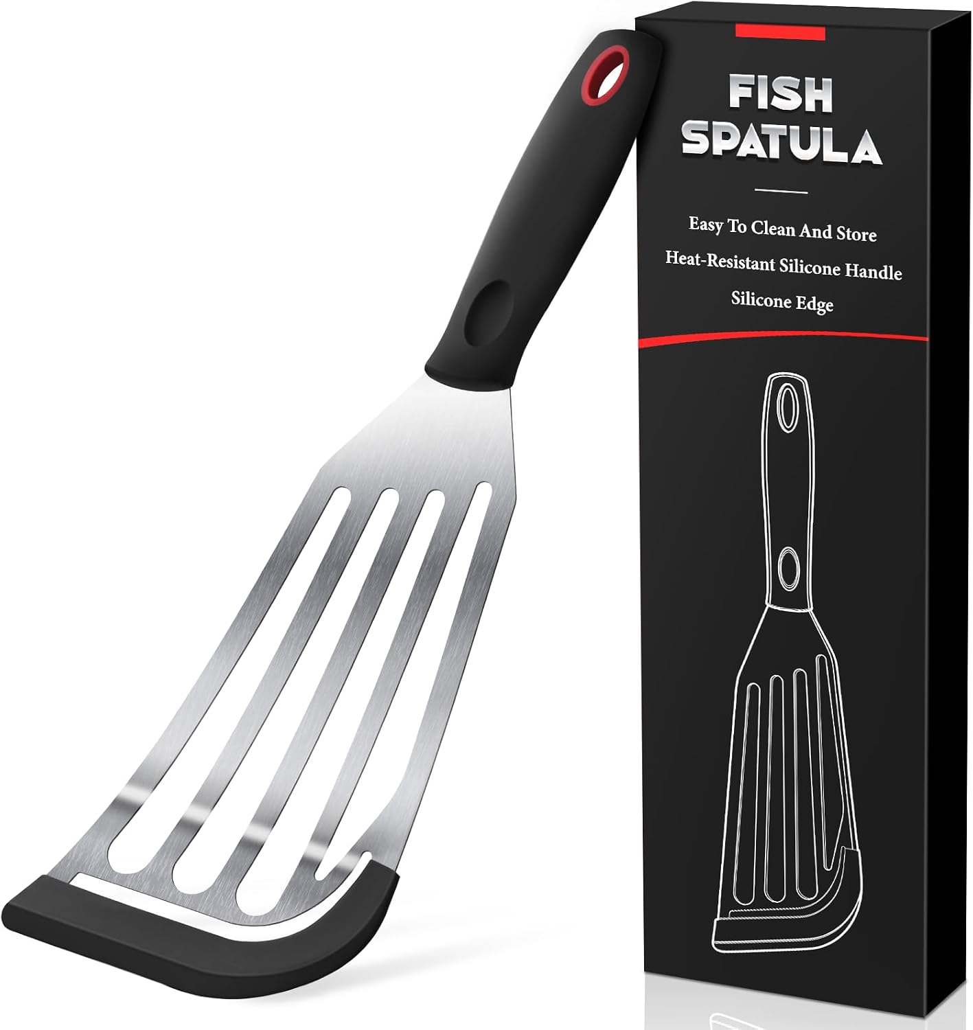 Fish Spatula, Heat Resistant Silicone Edge for Nonstick Cookware