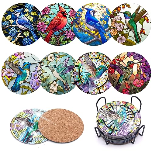 KJMYYXGS 8-dot Diamond Art System: Hummingbird Coasters with Cork Base Holder - DIY for Adults & Kids