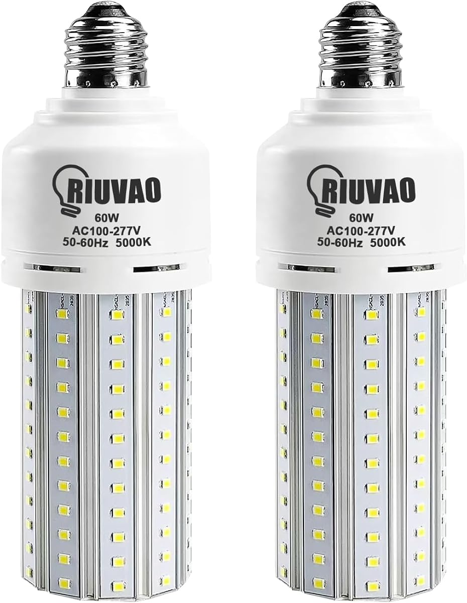 RIUVAO Paquete de 2 bombillas LED de maíz de 60 W, equivalente a 500 W, 7500 lúmenes, 5000 K, luz blanca fría, E26/E27, base media para exteriores, interiores, áreas grandes, garaje, almacén, fábrica, patio trasero