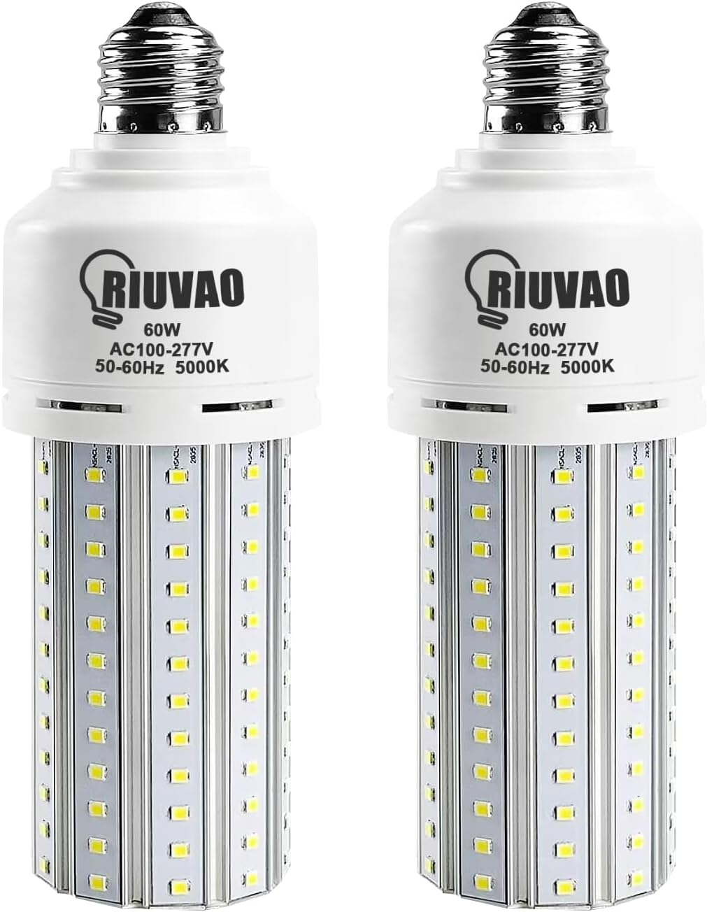 RIUVAO 2 Pack 60W LED Corn Light Bulb 500W Equivalent Bulb 7500 Lumen 5000K Cool Daylight White E26/E27 Medium Base for Outdoor Indoor Large Area Garage Warehouse Factory Backyard