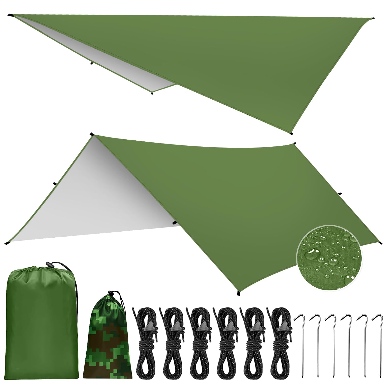 Toldo de Refugio Impermeable 3X3M,Ultraligero y Portátil Toldo Camping, Tienda de Campaña Hamaca Protección UV Anti Desgarro, Ideal para Acampar Senderismo Picnic al Aire Libre, Verde