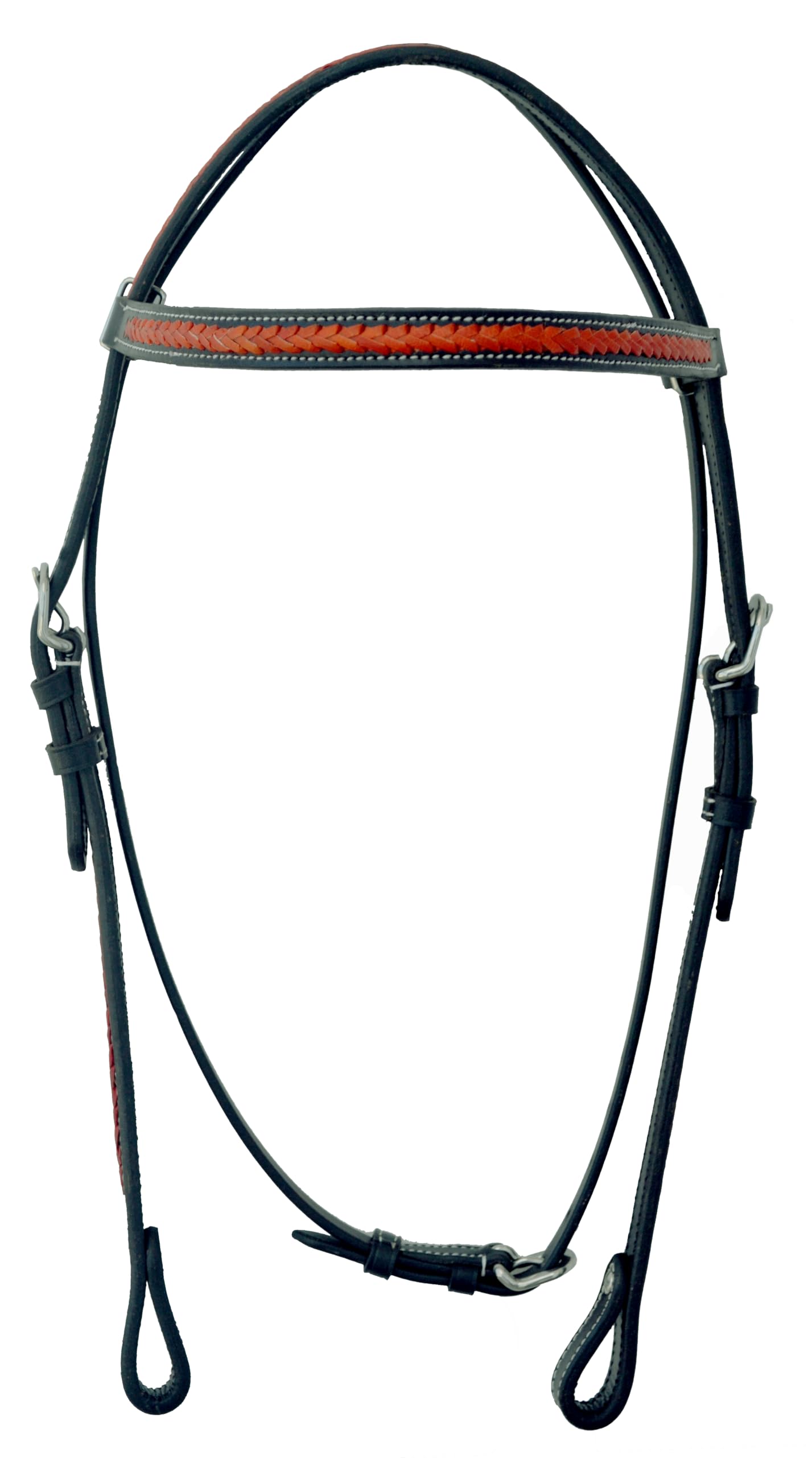 Equestrian Horse Tack Western Headstall Bridle Hand Braided Red Raw Hide Leather Weaving on Straight Brow Band Black Color Leather (Full Size)