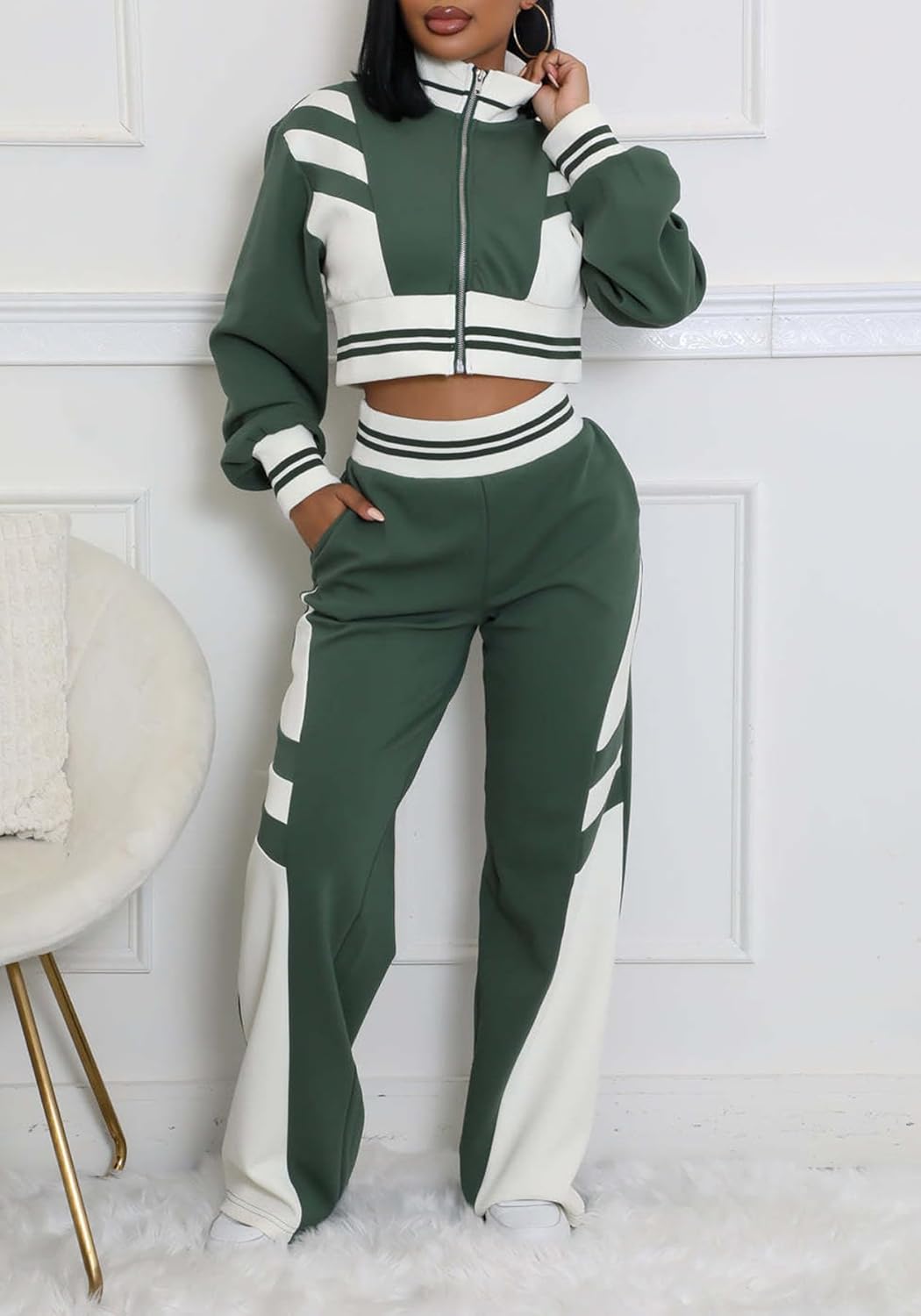 Tbahhir Casual Outfits for Women 2 Piece Color Block Tracksuit Long Sleeve Crop Top and High Waist Pants Jogger Set Fall - Image 4