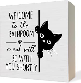 Funny Black Cat Bathroom Decor Wooden Box Sign, Gifts for Cat Lovers, Cute Kitten Wood Block Plaque Signs for Bathroom Toilet Restroom Desk Table Shelf Decor, 5x5 Inch