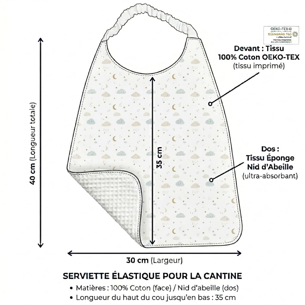 Lot de 2 serviettes de table élastique de cantine maternelle pour enfants Grand bavoir