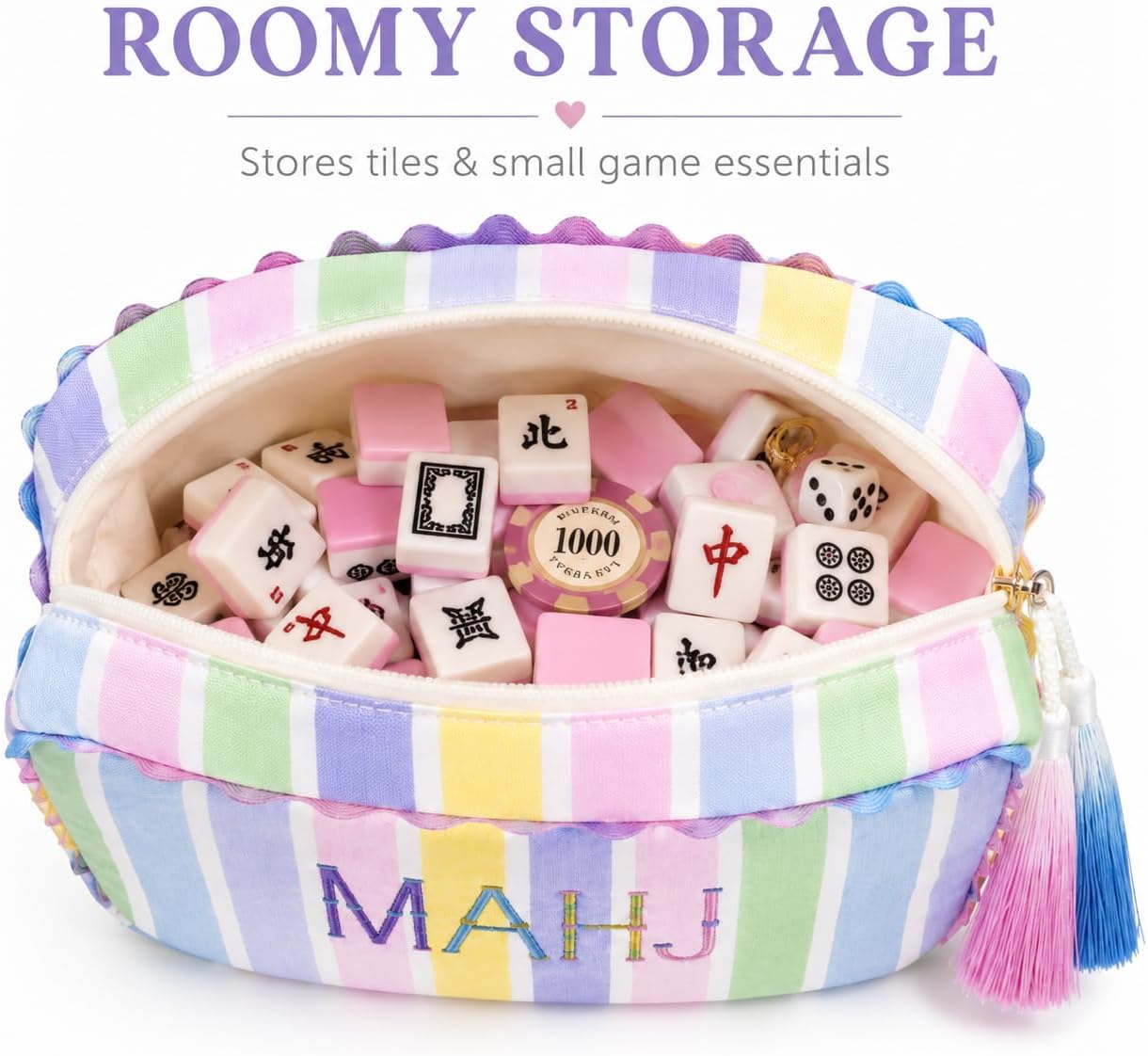 American Mahjong Tile Bag for 166 Tiles (1.2") – Multicolor Pastel Striped Embroidered “MAHJ” Storage Case, Thickened Canvas Zipper Pouch for Travel & Game Night, Bag Only