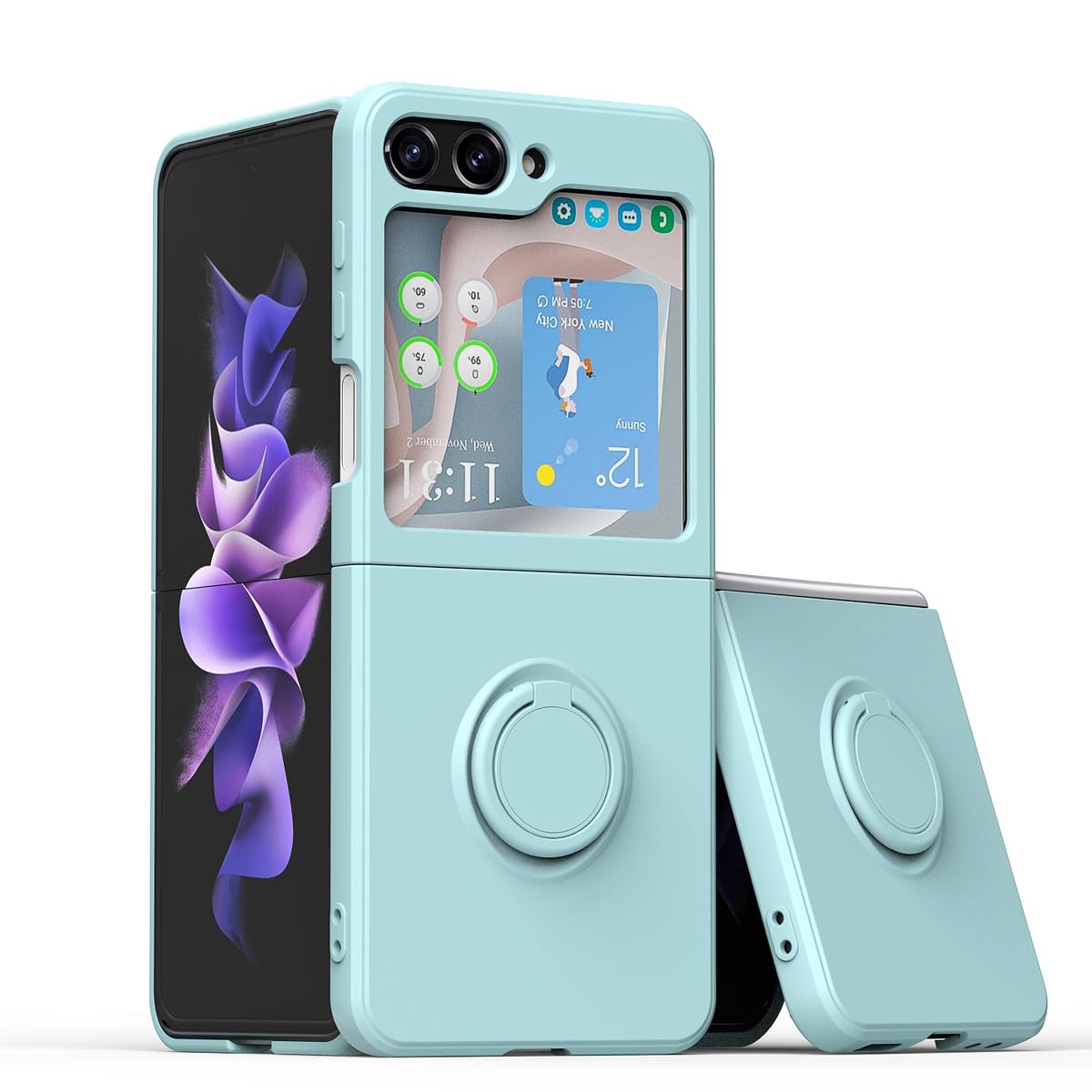 Keyihan Cover Compatibile con Samsung Galaxy Z Flip 5 con Supporto Anello a 360°Lanyard Cinturino da Polso Silicone liquido morbido Custodia Antiurto AntiGraffio Flessibile Slim (Verde menta)