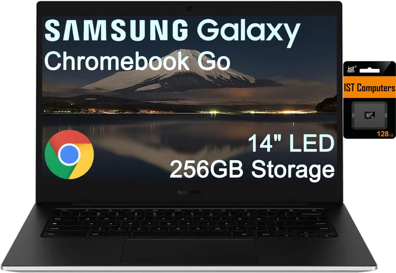 SAMSUNG Galaxy Chromebook Go Laptop (14" LED, Intel Celeron N4500, 256GB Storage (128GB eMMC+128GB SD Card)) For Home & Student, 12-Hr Long Battery, Spill-Resistant, Webcam, Wi-Fi 6, Chrome OS, Silver