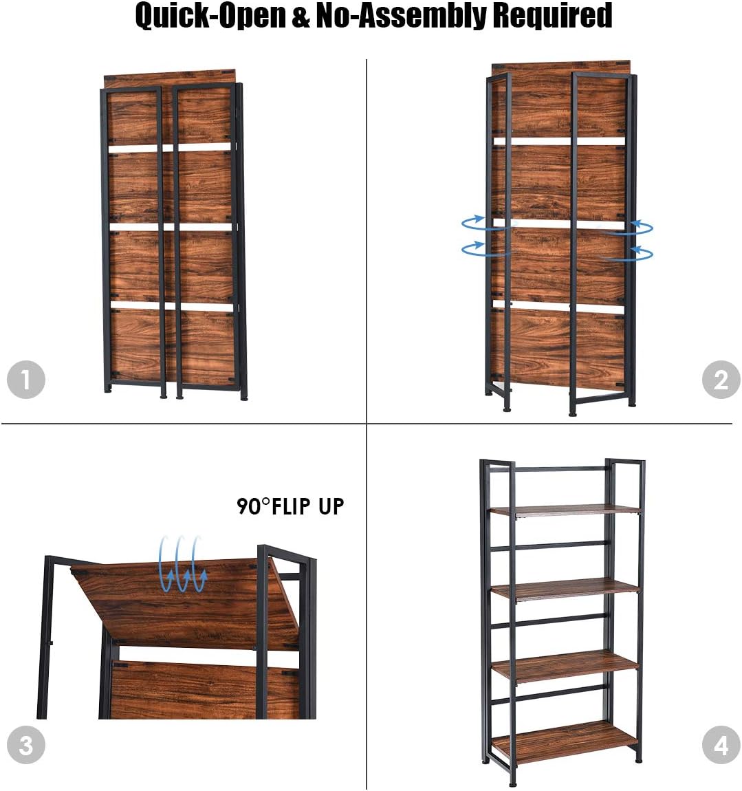Giantex 4-Tier Folding Bookshelf Standing Shelf Units Display Rack Storage Shelf Industrial Style Utility Shelving with Metal Frame & Wood Layer (Rustic Brown, 23.5" LX12 X49.5 H)