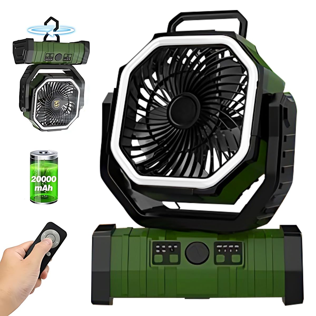 Camping Fan with Remote LED Light, Portable Large Outdoor Tent Fan 100Hrs 20000mAh 8.7 Inch Oscillation Cordless Fan with Hanging Hook 4 Speed 4 Timing for Travel Hiking Picnic