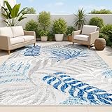JONATHAN Y Tropics Palm Leaves Indoor Outdoor Area Rug 8X10 Gray/Blue, Boho for Backyard, Patio, Porch, Easy-Cleaning, High Traffic, Pet-Friendly, Non-Shedding (AMC100A-8)