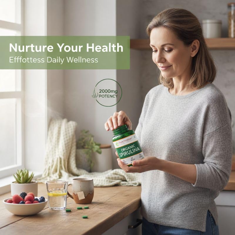 Image of Pure Nutrition Organic Spirulina 2400mg (Per Serving), 180 Veg Tablets | Spirulina Powder Organic Tablets | Supports Healthy Skin & Boost Immunity | Support Weight Management & Detoxification