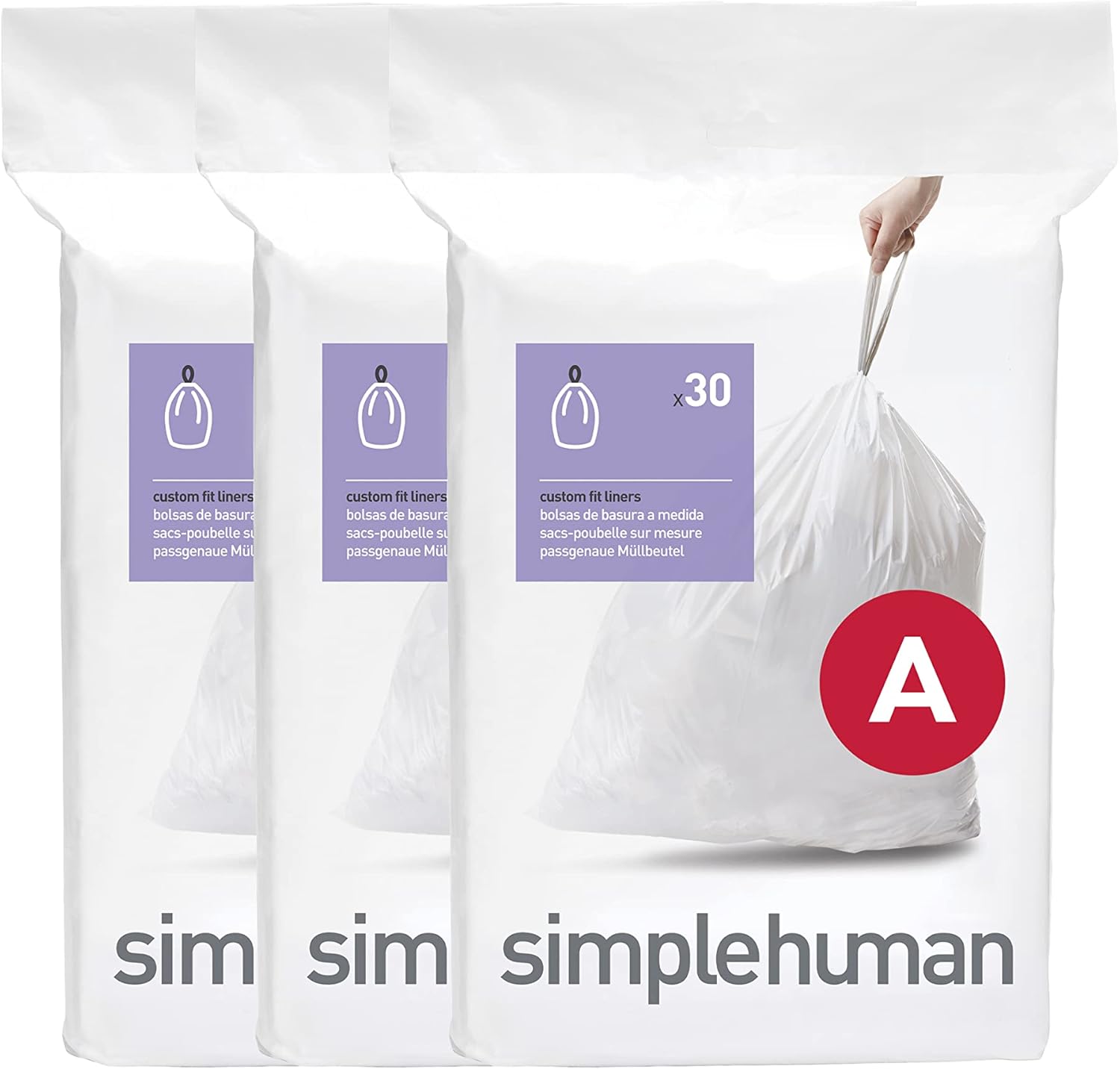 simplehuman CW0250 code A Custom Fit Bin Liner Bulk Pack, White Plastic